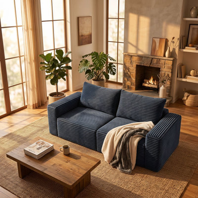 Corduroy Low-Profile Modular 2-Seater Sofa Module, Armless Legless Compression Sofa with Throw Pillows for Compact Living Spaces