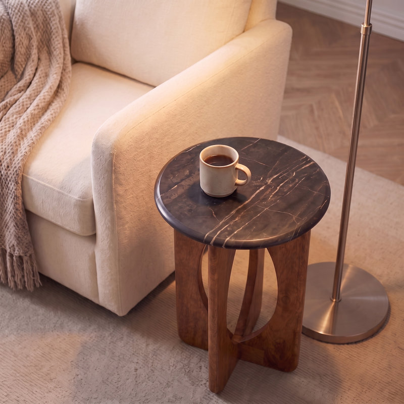 Round Black Marble Wood Cutout Side Table