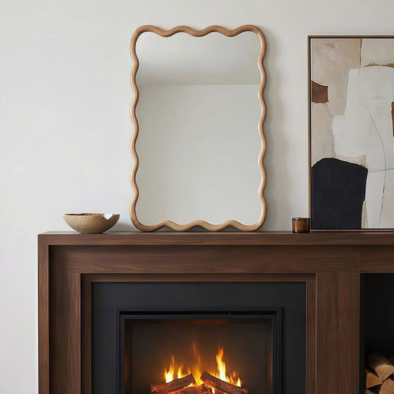 Yellowish Brown Wavy Rectangle Solid Wood Frame Decorative Mirror, Yellowish Brown, 30" x 20"