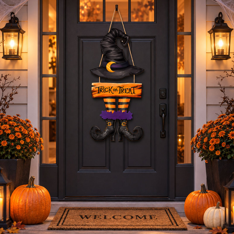 Panneau en bois de 59 cm (23,23 pouces) « Sorcière d'Halloween : Des bonbons ou un sort ! » pour la porte d'entrée