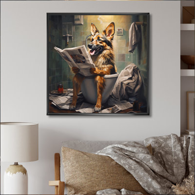 Dog Reading Newspaper On Toilet I - Animals Dog Framed Wall Decor