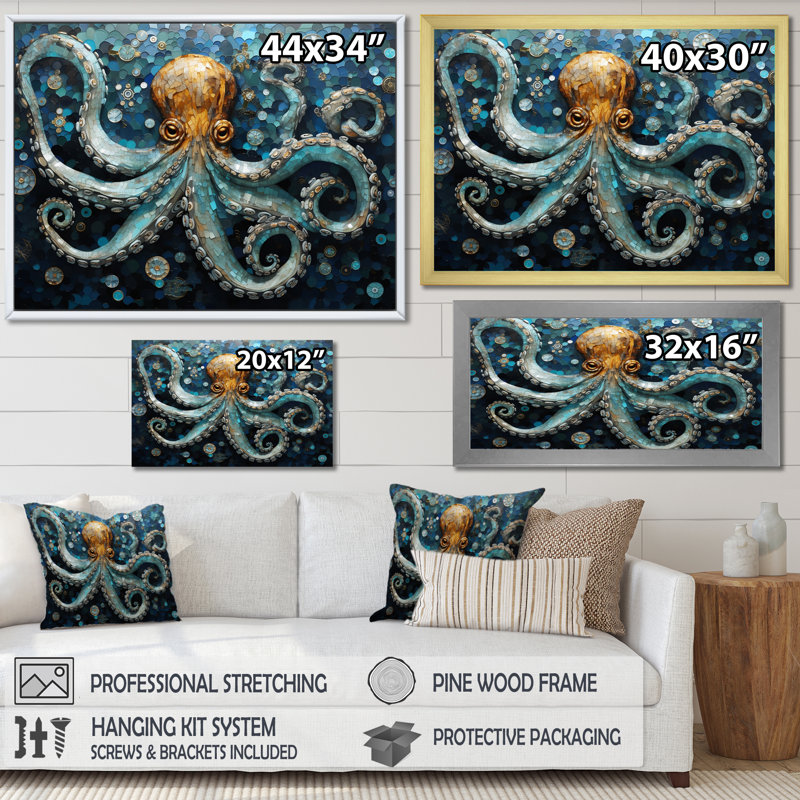 Portrait of Blue Mystical Octopus, reproduction d'art sur toile encadrée, H 24 po x l 32 po x P 1 po, Toile tendue