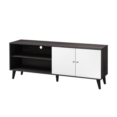 Meuble télé avec 2 tablettes et 1 armoire en gris foncé et blanc, adapté aux téléviseurs de 70 à 79 po et au meuble de rangement blanc du salon, jusqu'à pouces