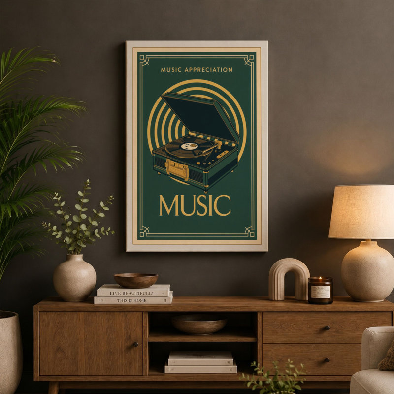 Music Appreciation Art Deco - Wrapped Canvas, 18x12 - 45.7 x 30.5 cm, Teal Border