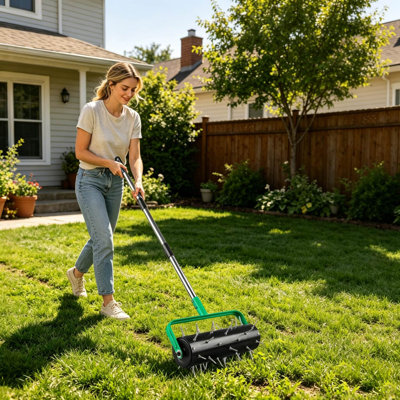 15" Rolling Lawn Aerator, Heavy Duty Push Spike Aeration Tool with 42 Spikes, Adjustable Handle Garden Drum Roller for Yard and Farm