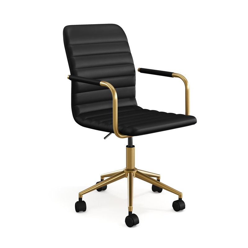Hargrove Taytum Mid-Back Swivel Faux Leather Desk Chair with Padded Seat and Arms by Martha Stewart, Polished Brass, Black