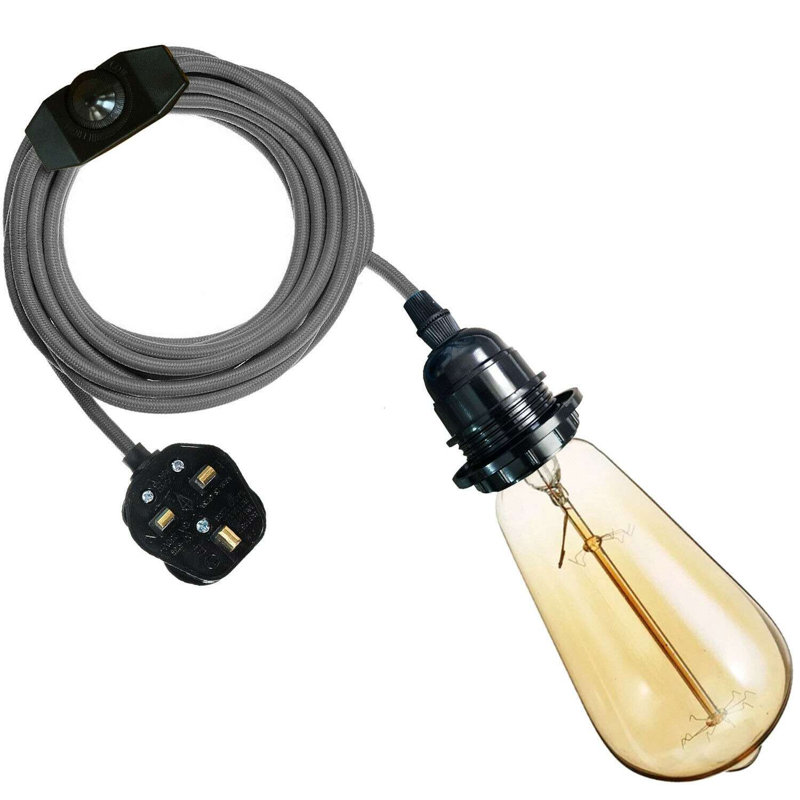 Zihlman Ceiling Pendant Fitting, E27 Lamp Holder 2M Plug In Pendant Light Cord, Fabric Cable 3 Pin Plug In With On/Off Switch Lighting Kit