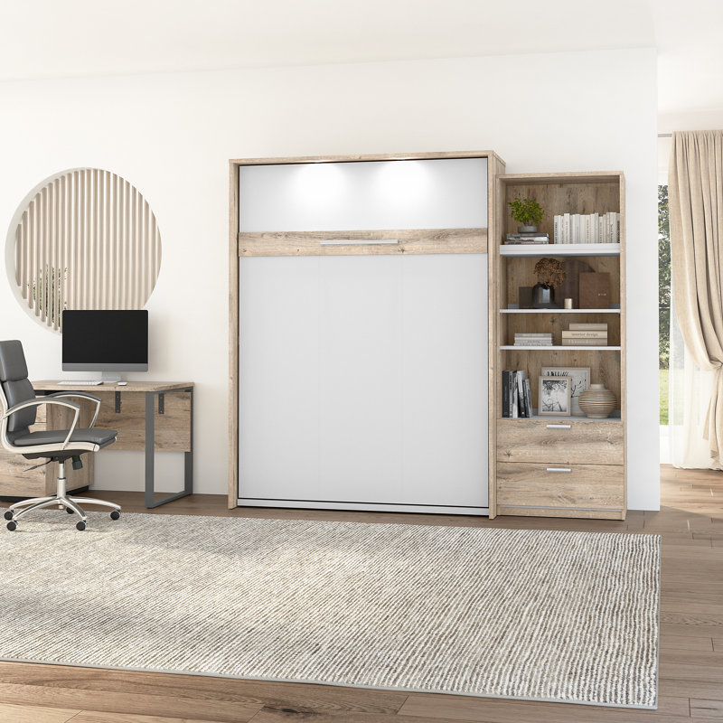 Lit escamotable avec rangement pour garde-robe Osterman, Double, Brun rustique / Blanc