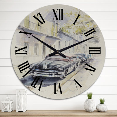 Black Retro Car In Old Europe Street - Industrial Wall Clock