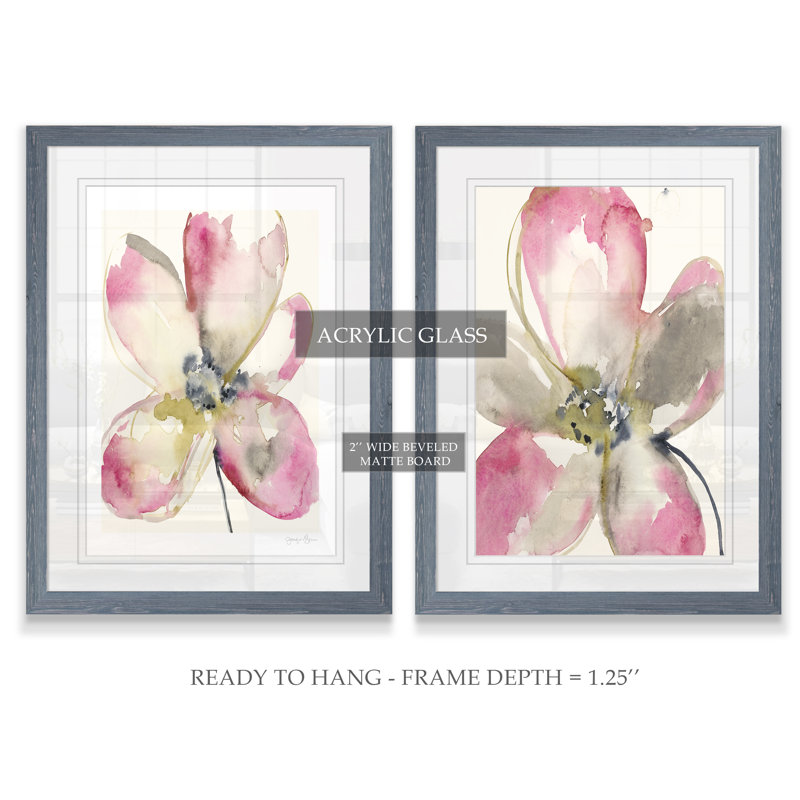 Magenta pétales I, ensemble de 2 reproductions d’art encadrées, H 24 po x l 18 po x P 1,25 po, Cadre ébène, Blanc