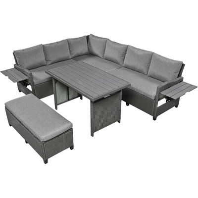 Ensemble de canapé de patio extérieur en rotin 5 pièces, ensemble de mobilier de jardin en forme de L en osier avec 2 tables d'appoint extensibles, table de salle à manger et housses lavables pour la cour, la piscine, l'intérieur, gris