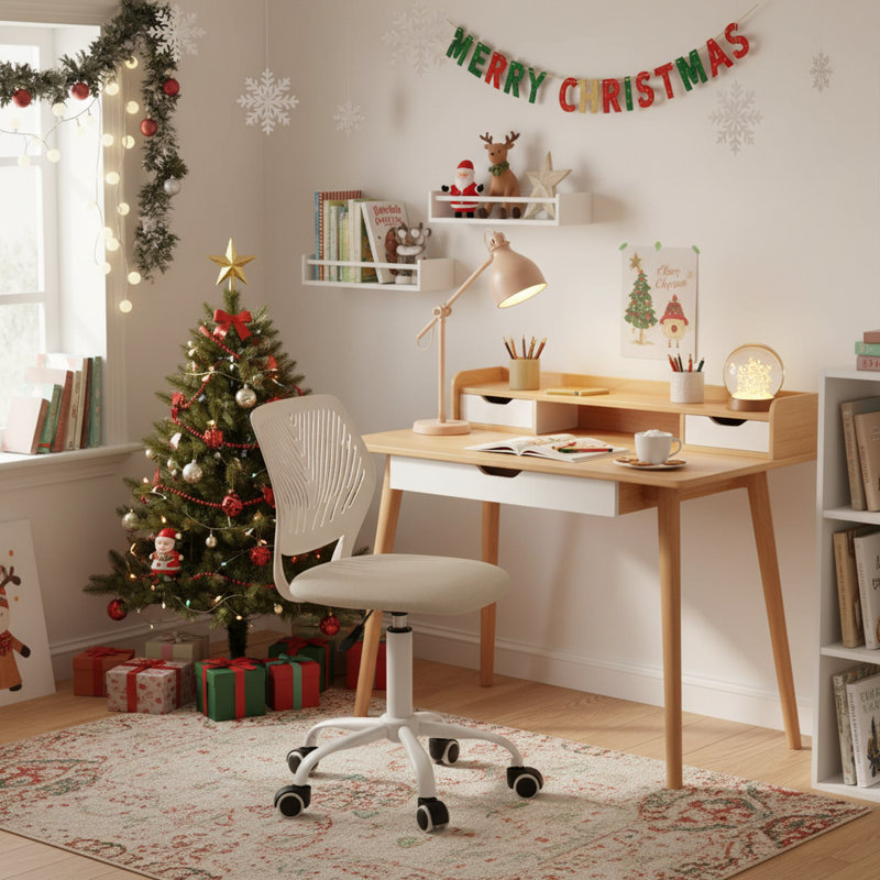 Elkland 360° Swivel Mesh Fabric Writing Office Task Chair with Height Adjustable for Teenager, Ivory