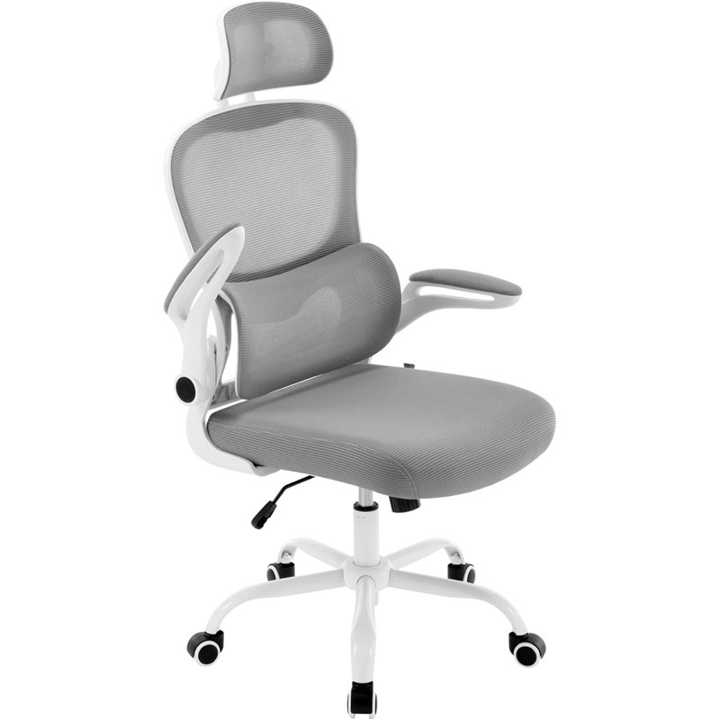 Stemen Polyester Office Chair with Headrest, White, Grey