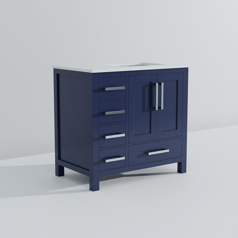 Bath Vanity with Right Offset and White Quartz Top, Navy Blue
