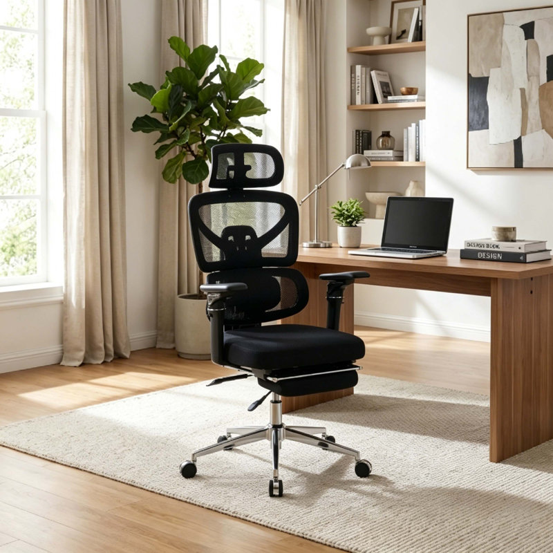 Ergonomic Mesh Office Chair with Massage Lumbar Pad, Adjustable Split Backrest, Multi-Directional Armrests & Retractable Footrest, Reclining Executive Desk Chair for Home Office