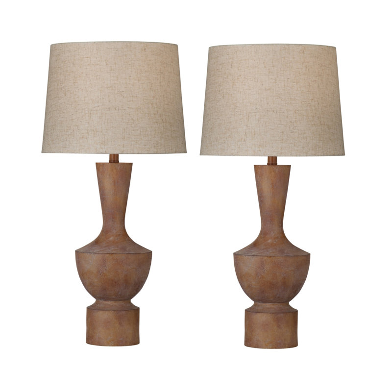 Rustic Brown Sculptural Table Lamp Set of 2 with Linen Drum Shades, 31" Tall