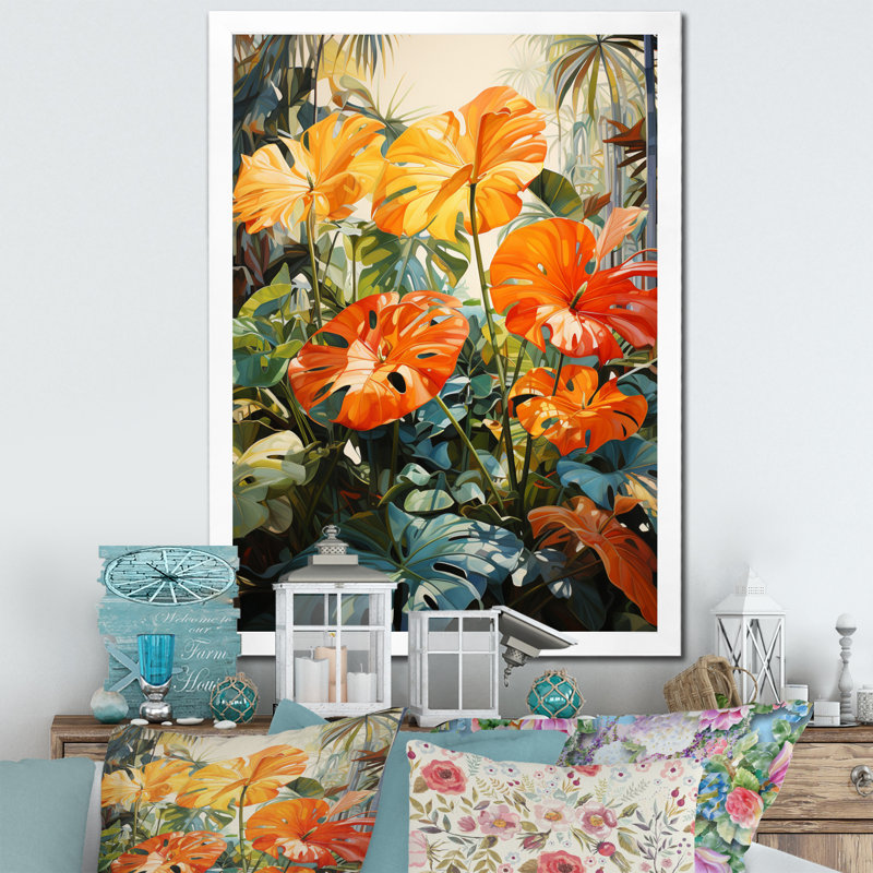 Feuillage tropical orange et vert IV, Cadre photo blanc, H 40 po x l 30 po x P 1,5 po