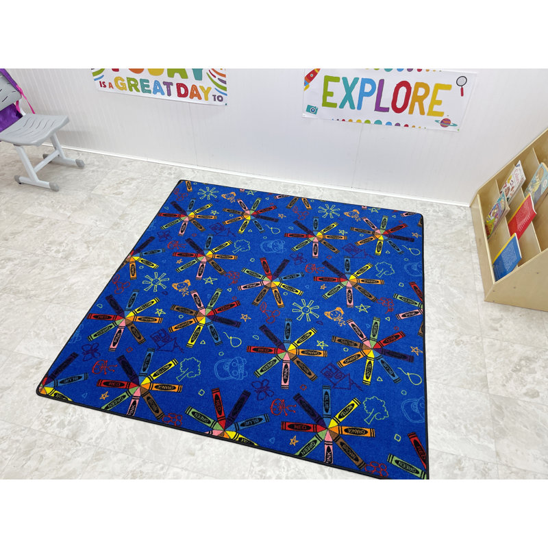 Crayon Scribbles Childrens Rug Multi on Blue, Square 6'