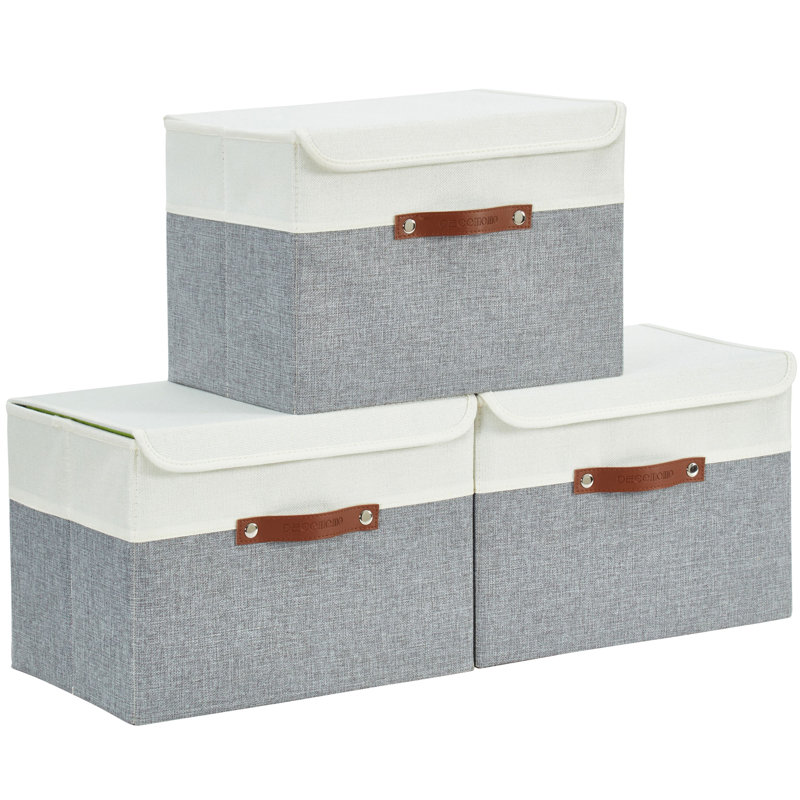 Foldable Lidded Storage Bin Collapsible Sturdy Cationic Fabric Storage Basket Cube Handles, Beige/White
