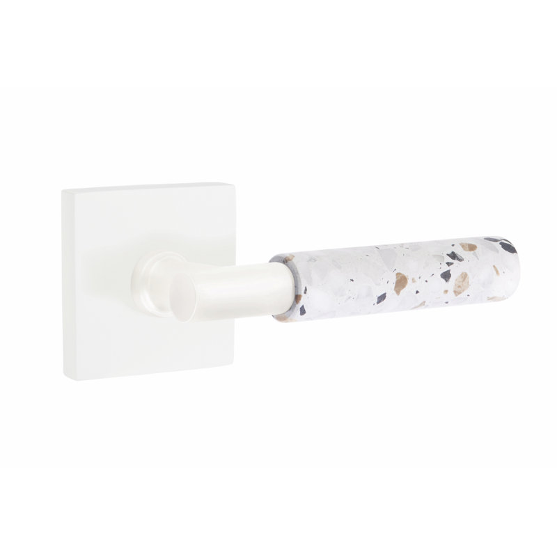 Ensemble de faux leviers Emtek Select, rosette carrée, tige en T et poignée en marbre blanc, Blanc mat / terrazzo clair