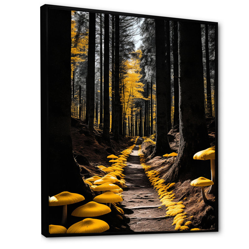 Sentier de forêt jaune et noir II - paysage et art mural, salon, H 40 po x l 30 po x P 1,5 po, Cadre flottant noir