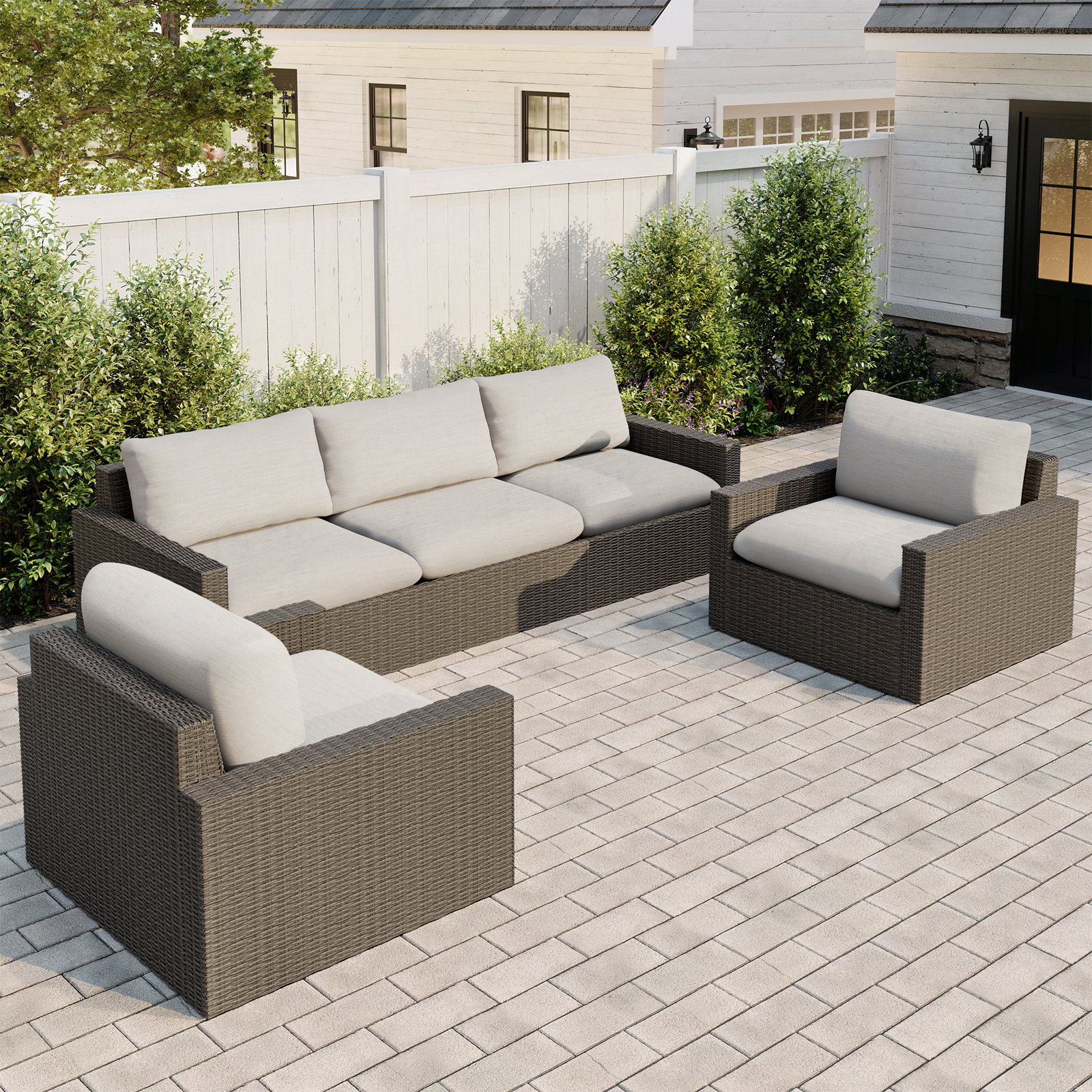 Pippa Wicker Outdoor Conversation Set, 3Pcs:Armchair, 2 Armless Sofas