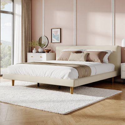 King/California King Platform Bed Frame with Chunky Upholstered Headboard, Solid Rubberwood Legs, Beige Fabric Bedroom Furniture, 800 lb Weight Capacity, 6" Under-Bed Clearance