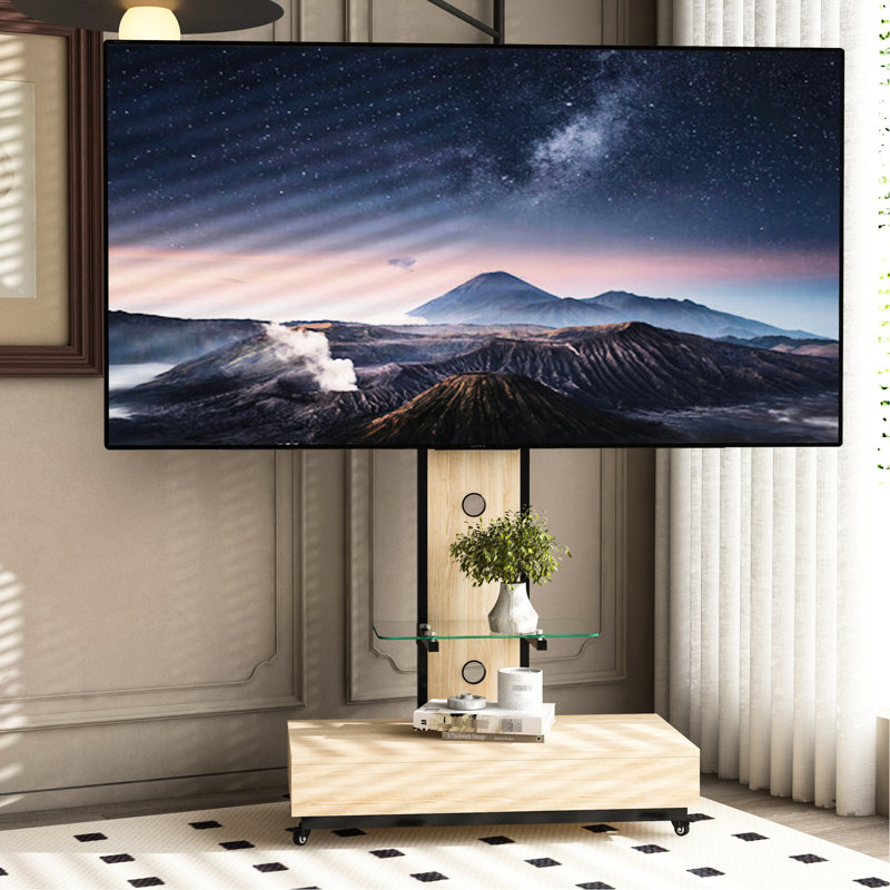 Meuble télé naturel de 32 à 75 po avec quatre roues verrouillables, une tablette réglable et un tiroir coulissant