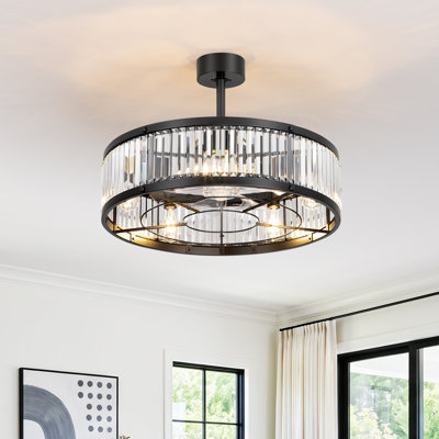 Ventilateur de plafond de 28 po à cage en cristal avec éclairage et télécommande, moteur CC réversible à 7 pales et 6 vitesses, douille E26 à 5 lumières avec minuterie
