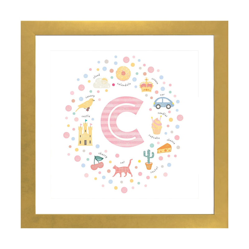 Lettre illustrée C rose - impression, Blanc, H 24 po x l 24 po x p 1 po, Papier encadré doré