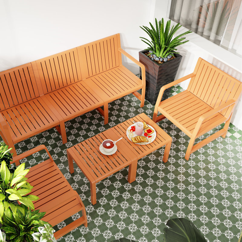 Ensemble de conversation pour patio 5 pièces - Brun abricot : 3 chaises, 2 tables basses, fini rouille, polypropylène, imperméable, montage facile, profil mince, idéal pour balcons d'appartements. Conception emboîtable.
