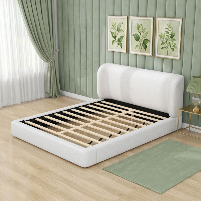 Lit plateforme tapissier avec tête de lit, Blanc, Grand lit