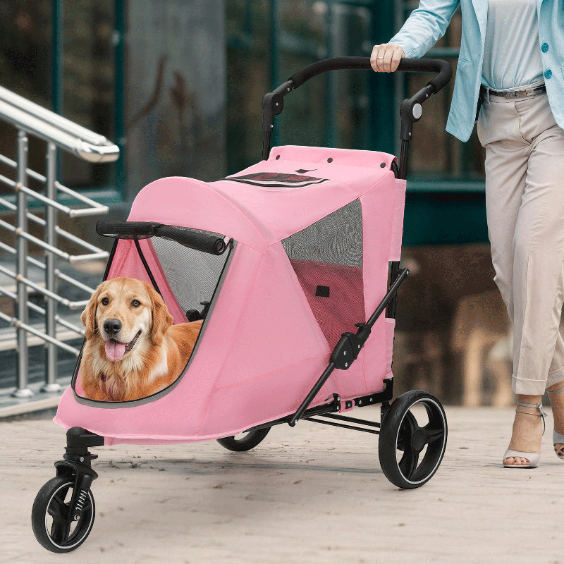Foldable Pet Stroller for Small & Medium Dogs and Cats 3-Wheel Dog Stroller with 9 Angles Adjustable Handlebar , Pink