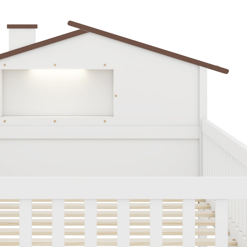 Lit plateforme avec tête de lit en forme de maison, DEL et rangement intégré