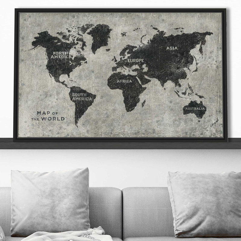 Carte du monde grunge - impression, Cadre flottant noir, H 21,5 po x l 33,5 po x P 2 po