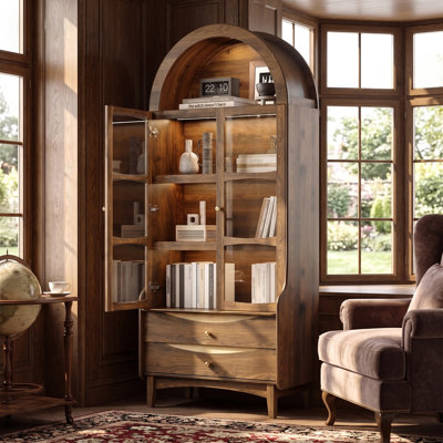 31.5'' W Arched Bookcase and Display Cabinet with LED Lighting, 2 Glass Doors and 2 Drawers