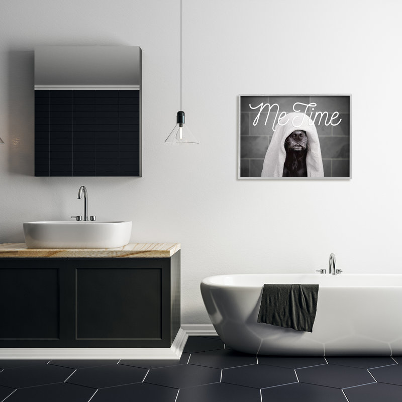 Me Time Pet Dog Bathroom Portrait Gray Farmhouse Oversized Rustic Framed Giclee Texturized Art by Adobe Stock, 24" H x 30" W