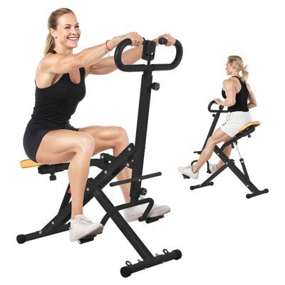 Squat et rameur - 12 niveaux de résistance à la maison avec un design pliable pour les fessiers, les jambes et le noyau, noir