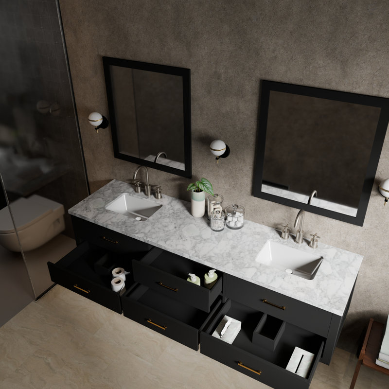 84" Wall-Mounted Double Bathroom Vanity Set, White Carrara Marble, Black