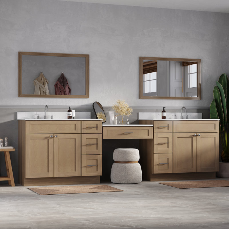 Ensemble de meuble-lavabo double 114 po avec comptoir en bois massif de tiroir Carrar Disar, Chêne naturel