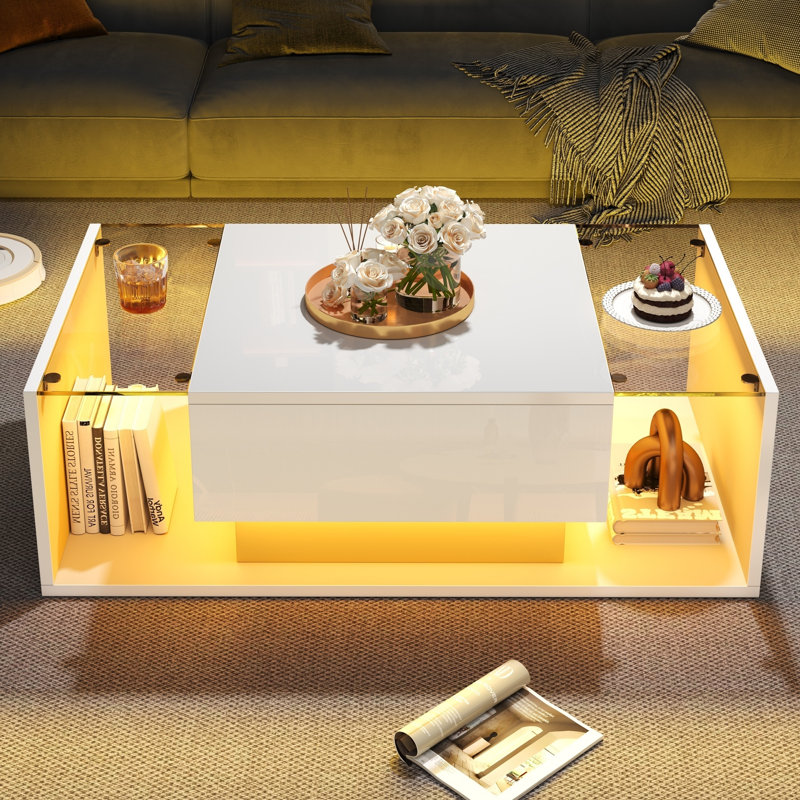 Table basse l 39,3 po avec rangement ouvert et lumières à DEL, plateau de table en verre, 1 tiroir, panneau de particules blanc pour le salon et le bureau blanc