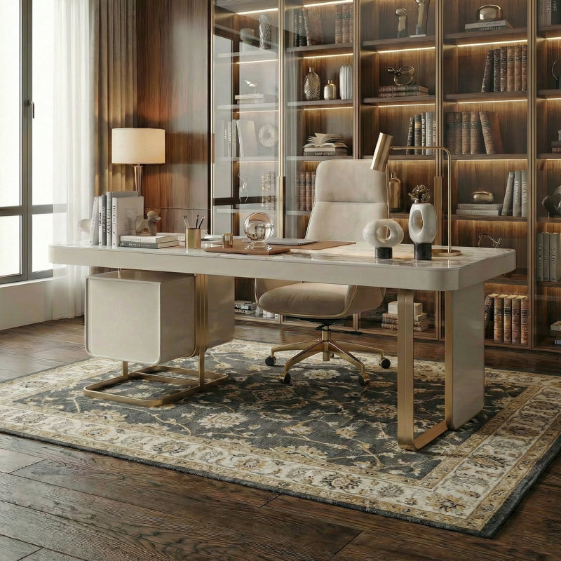 Table pour ordinateur de bureau de luxe avec plateau en ardoise et base en métal doré 70,87 po