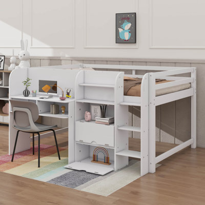 Full-Size Space-Saving Loft Bed With Integrated Desk, Storage Compartments, Open Book Shelves, And Creative Idea Whiteboard
