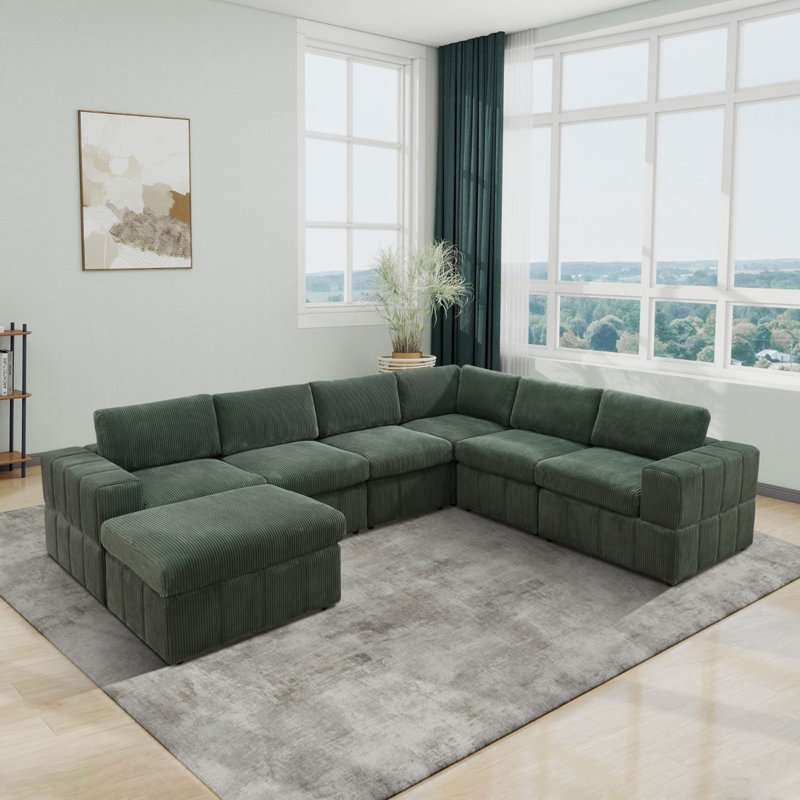 Loyde 7 - Piece 130" Upholstered Corduroy Sectional with Ottoman, Beige Corduroy