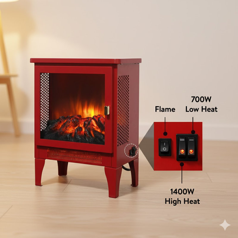 17 Inch Freestanding Electric Fireplace Stove Heater With 3D Flame Effect,Classic Red