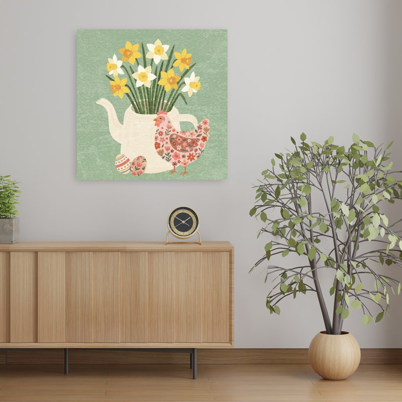 Imprimé mural de Pâques paques et jonquilles, fleur de jonquille rustique colorée, 32" H x 32" W