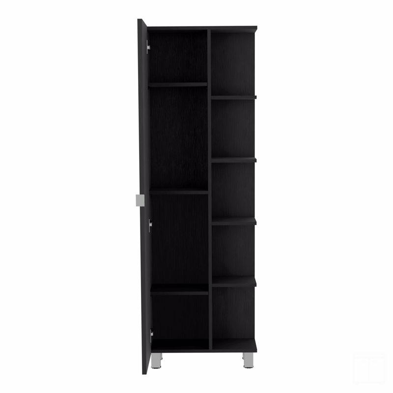 Single Door Cabinet 62" H, Five External Shelves, Four Interior Shelves, Black