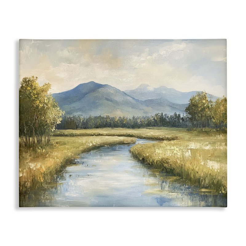 River Bend avec de hautes herbes sur toile, design par Petal Prints Design, H 16 po x l 20 po