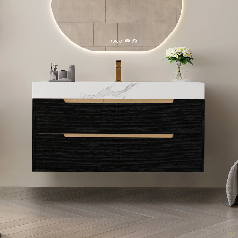 Meuble-lavabo autoportant en pierre frittée de 35,4 po avec lavabo encastré, bois massif multicouche imperméable, rangement à 4 tiroirs, fixation murale
