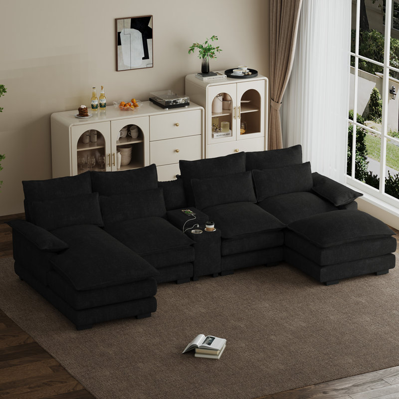 Canapé d'angle surdimensionné de 135 pouces en chenille nuage avec méridienne, console USB, porte-gobelets et pouf
